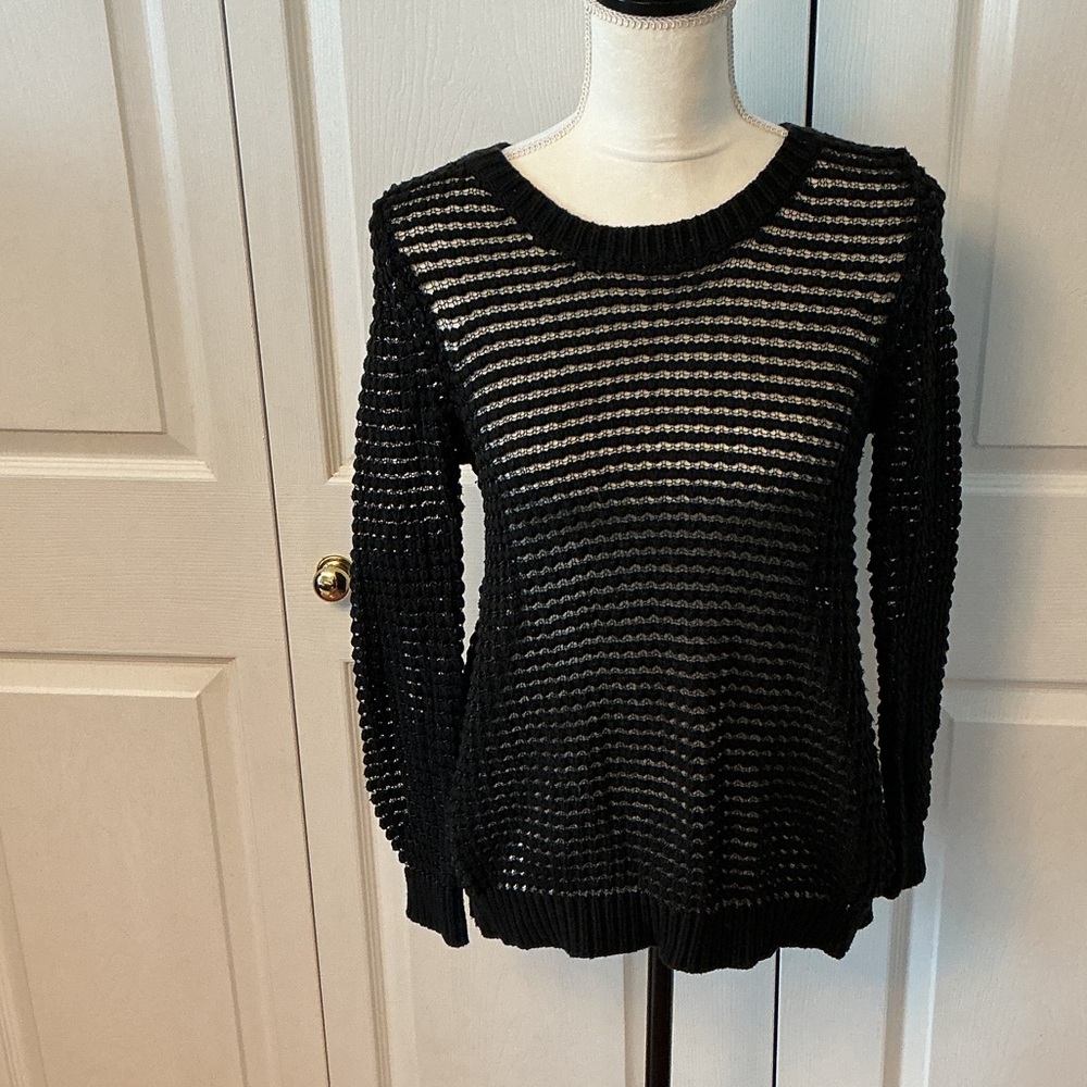 Black Open-Weave Crewneck Sweater for Women